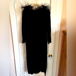 Lauren by Ralph Lauren Black feather collar long sleeve maxi dress